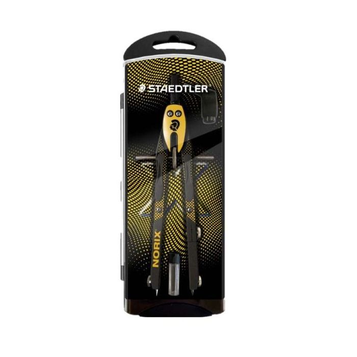 Staedtler Norix 555 Compas Metalico Escolar de Precision - Mecanismo Pulsador y Ajuste por Rueda Central - Color Amarillo/Negro