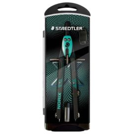 Staedtler Norix 555 Compas Metalico Escolar de Precision - Mecanismo Pulsador y Ajuste por Rueda Central - Color Verde/Negro