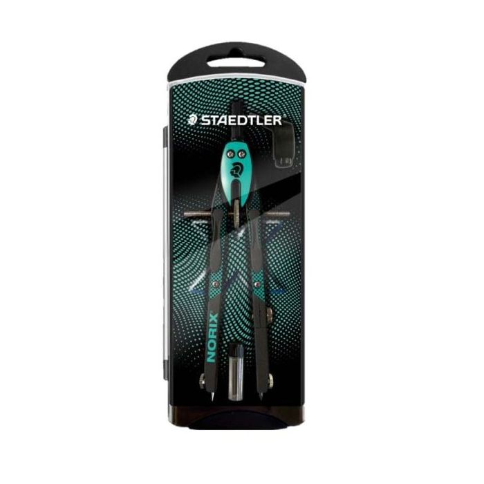 Staedtler Norix 555 Compas Metalico Escolar de Precision - Mecanismo Pulsador y Ajuste por Rueda Central - Color Verde/Negro