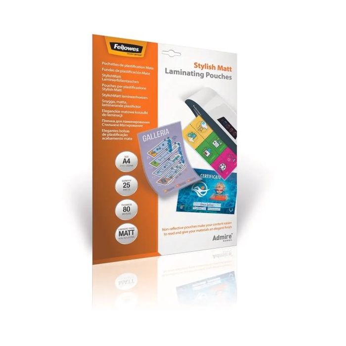 Fellowes Admire Pack de 25 Fundas para Plastificar - Formato A4 - Efecto Mate Antirreflejos - 80 micras - Transparente