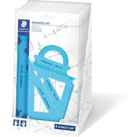 Staedtler Expositor con 18 Packs de Reglas - El Pack incluye Regla Recta 20cm, Transportador, Escuadra 60/30 Grados y Cartabon 4