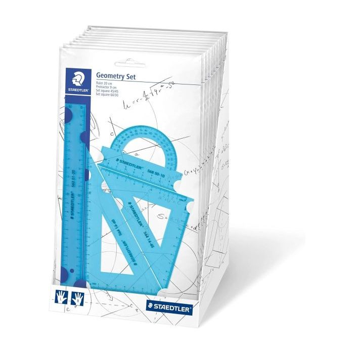 Staedtler Expositor con 18 Packs de Reglas - El Pack incluye Regla Recta 20cm, Transportador, Escuadra 60/30 Grados y Cartabon 4