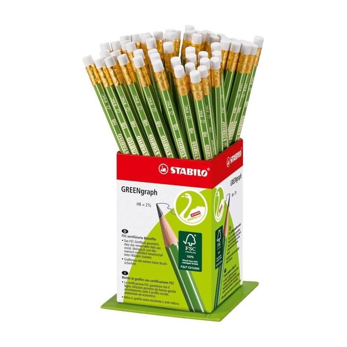 Stabilo GREENgraph Expositor con 60 Lapices de Grafito con Goma - Mina HB 2.2mm - 100% Madera Cultivada de Forma Sostenible - Cu