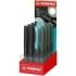 Stabilo Flow Expositor con 16 Boligrafos - Trazo 0.5mm - Agarre Ergonomico - Recargable - Tinta Color Azul - Cuerpo en 3 Colores