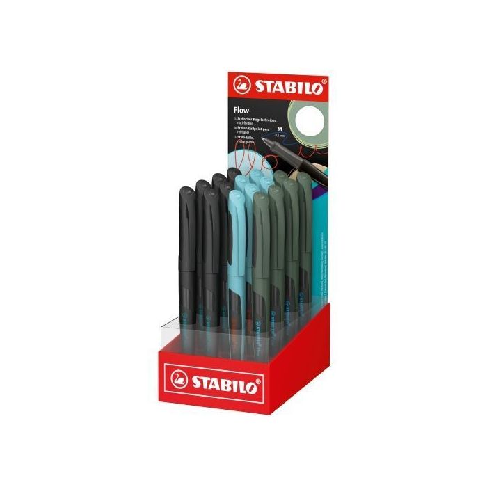 Stabilo Flow Expositor con 16 Boligrafos - Trazo 0.5mm - Agarre Ergonomico - Recargable - Tinta Color Azul - Cuerpo en 3 Colores
