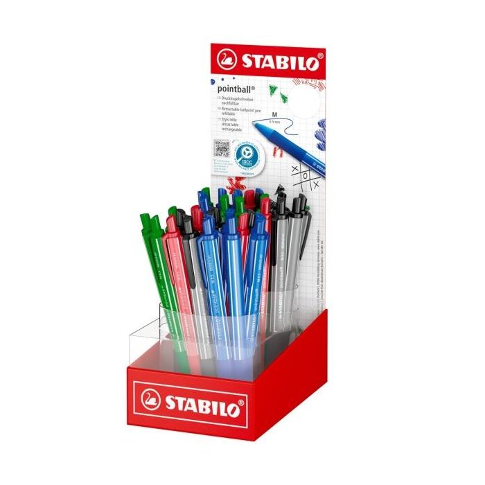 Stabilo Pointball Colorful Expositor con 38 Boligrafos Retractiles - Trazo 0.5mm - Hechos con 87% Bioplastico - Grip Antidesliza