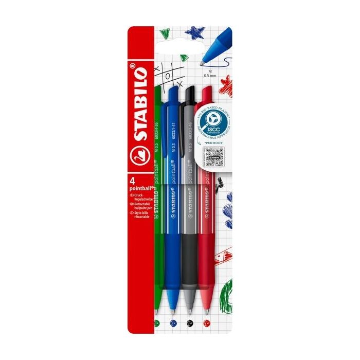 Stabilo Pointball Colorful Pack de 4 Boligrafos Retractiles - Trazo 0.5mm - Hechos con 87% Bioplastico - Grip Antideslizante - R