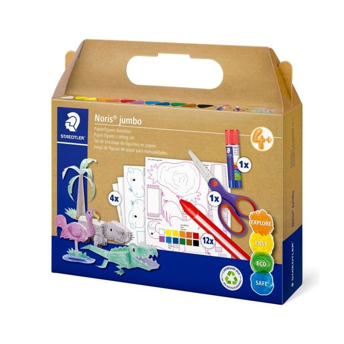 Staedtler Noris Junior Conjunto de Manualidades Pack de 9 Cera Jumbo Noris + Barra de Pegamento + Tijeras + 4 Plantillas para Ma