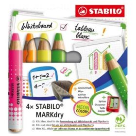 Stabilo MARKdry Neon Pack de 4 Marcadores para Pizarra + Sacapuntas + Paño de Limpieza - Mina XXL de 10mm - Madera 100% Certific