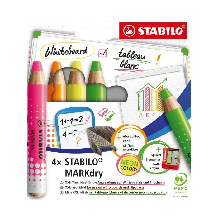 Stabilo MARKdry Neon Pack de 4 Marcadores para Pizarra + Sacapuntas + Paño de Limpieza - Mina XXL de 10mm - Madera 100% Certific