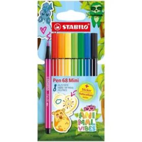 Stabilo Pen 68 Mini Animal Vibes Pack con 8 Rotuladores - Punta de Fibra - Incluye 5 Pegatinas Personalizables - Trazo de 1mm ap