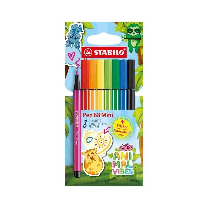 Stabilo Pen 68 Mini Animal Vibes Pack con 8 Rotuladores - Punta de Fibra - Incluye 5 Pegatinas Personalizables - Trazo de 1mm ap