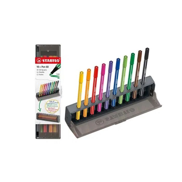 Stabilo Pen 68 Set de Mesa con 10 Rotuladores de Punta de Fibra - Trazo de 1mm aprox. - Tinta con Base de Agua - Colores Surtido