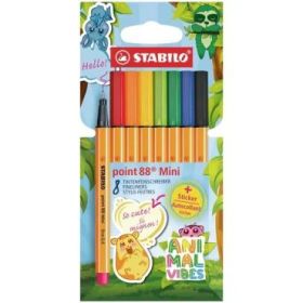 Stabilo Point 88 Mini Animal Vibes Pack con 8 Rotuladores de Punta Fina de Fibra - Incluye 5 Pegatinas Personalizables - Trazo d