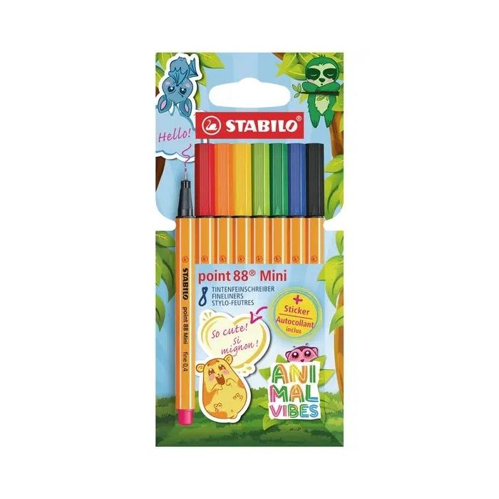 Stabilo Point 88 Mini Animal Vibes Pack con 8 Rotuladores de Punta Fina de Fibra - Incluye 5 Pegatinas Personalizables - Trazo d