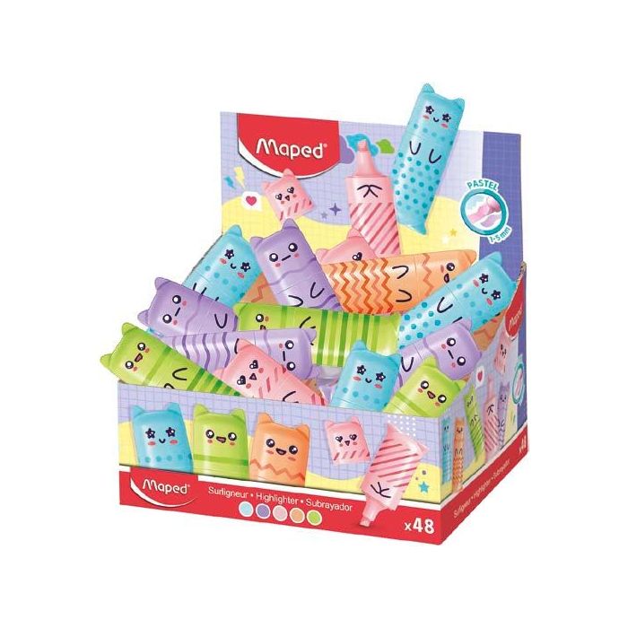 Maped Kawaii Expositor con 48 Mini Marcadores Fluorescentes Pastel - Divertidos Diseños Kawaii - Trazo de 1 a 5mm - Ideal para S
