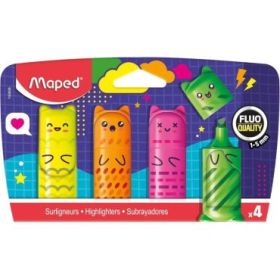 Maped Kawaii Pack con 4 Mini Marcadores Fluorescentes Neon - Divertidos Diseños Kawaii - Trazo de 1 a 5mm - Ideal para Subrayar