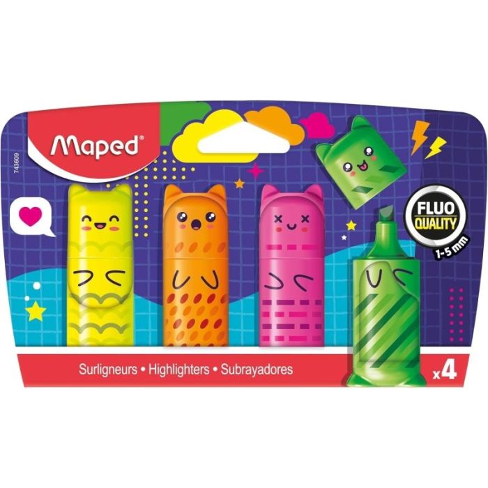 Maped Kawaii Pack con 4 Mini Marcadores Fluorescentes Neon - Divertidos Diseños Kawaii - Trazo de 1 a 5mm - Ideal para Subrayar