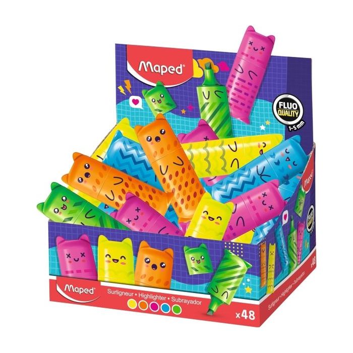 Maped Kawaii Expositor con 48 Mini Marcadores Fluorescentes Neon - Divertidos Diseños Kawaii - Trazo de 1 a 5mm - Ideal para Sub