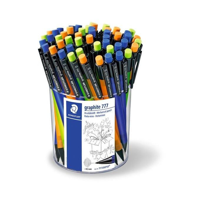 Staedtler Graphite 777 Expositor con 50 Portaminas 0.5mm - Cuerpo Engomado - Goma de Borrar - Colores Surtidos