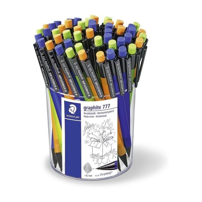 Staedtler Graphite 777 Expositor con 50 Portaminas 0.7mm - Cuerpo Engomado - Goma de Borrar - Colores Surtidos