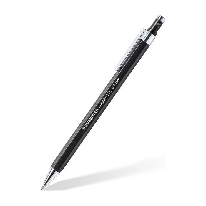 Staedtler Graphite 778 Portaminas 0.7mm - Cuerpo Hexagonal Negro Mate - Punta Metalica Retractil - Mina Amortiguada - Clip Metal