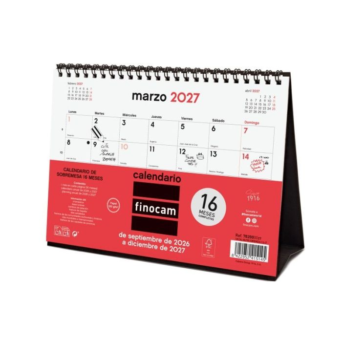 Finocam Neutro Calendario de Sobremesa - 16 Meses - Mes Vista - Formato S - 210x150mm - Espiral Doble Metalica - Papel de 120g/m