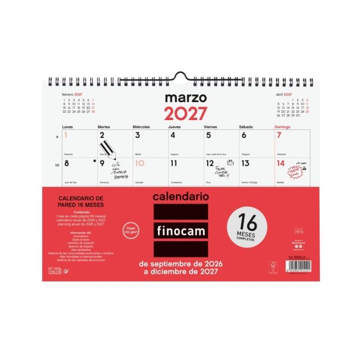 Finocam Neutro Calendario de Pared - 16 Meses - Mes Vista - Formato L - 340x240mm - Espiral Doble Metalica - Papel de 120g/m2 -