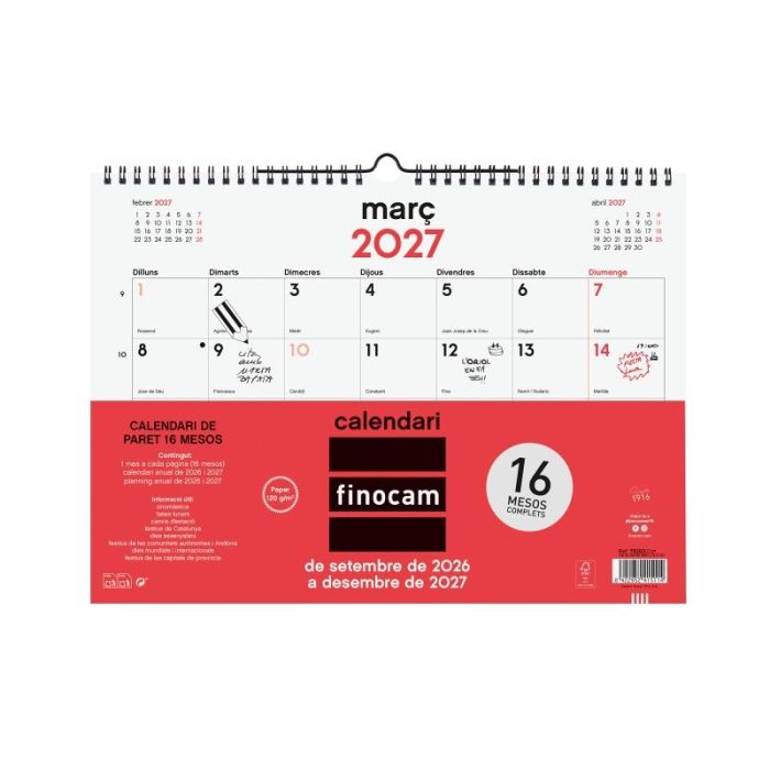 Finocam Neutro Calendario de Pared en Catalan - 16 Meses - Mes Vista - Formato L - 340x240mm - Espiral Doble Metalica - Papel de