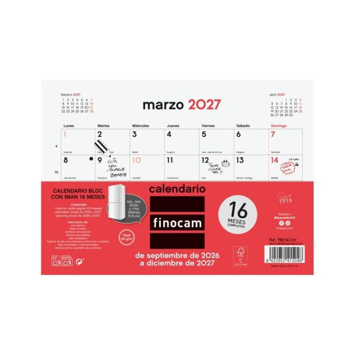 Finocam Neutro Bloc Calendario con Iman - 16 Meses - Mes Vista - Formato S - 210x150mm - Listado de Festivos - Papel de 120g/m2