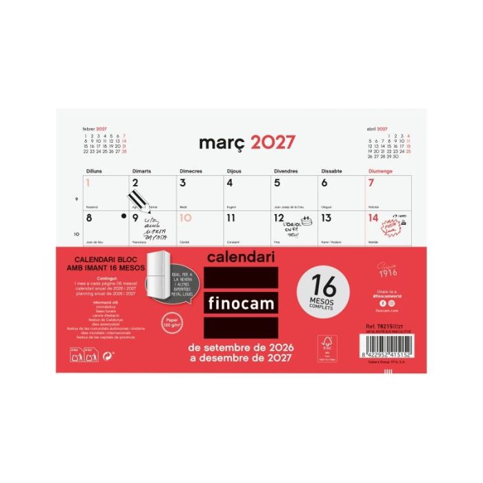 Finocam Neutro Bloc Calendario con Iman en Catalan - 16 Meses - Mes Vista - Formato S - 210x150mm - Listado de Festivos - Papel