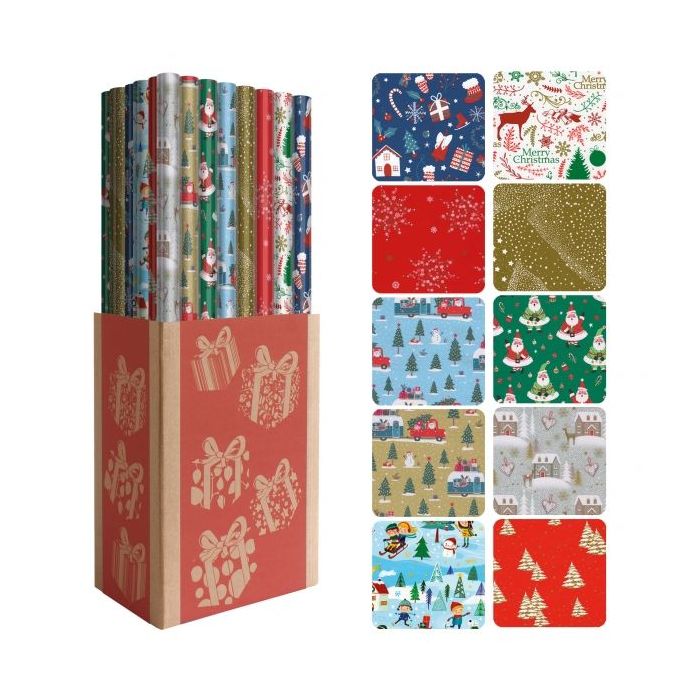 Dohe Navidad Expositor de 50 Rollos de Papel Regalo - 10 Diseños Diferentes - 5 Rollos por Diseño - Medidas del Rollo 0.70x2m