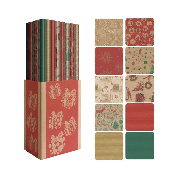 Dohe Navidad Kraft Expositor de 50 Rollos de Papel Regalo - 10 Diseños Diferentes - 5 Rollos por Diseño - Medidas del Rollo 0.70