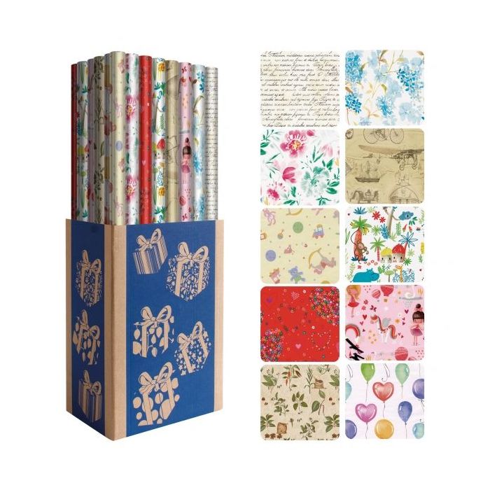 Dohe Everyday Expositor de 50 Rollos de Papel Regalo - 10 Diseños Diferentes - 5 Rollos por Diseño - Medidas del Rollo 0.70x2m