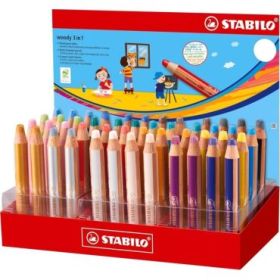 Stabilo Woody 3 en 1 Expositor con 48 Lapices de Colores - Lapiz de Color, Cera y Acuarela, Todo en Uno - Mina XXL 10mm - Colore