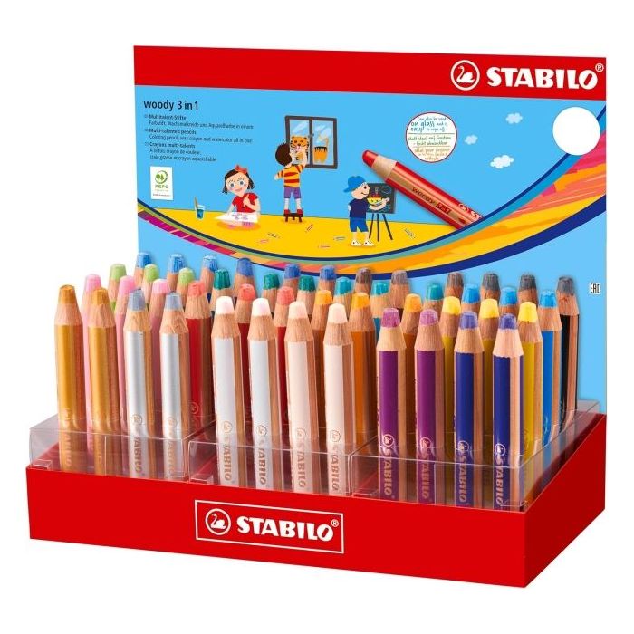 Stabilo Woody 3 en 1 Expositor con 48 Lapices de Colores - Lapiz de Color, Cera y Acuarela, Todo en Uno - Mina XXL 10mm - Colore