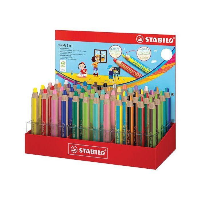 Stabilo Woody 3 en 1 Expositor con 48 Lapices de Colores - 26 Woody 3 en1, 8 Woddy 3 en 1 Pastel y 14 Woddy 3 en 1 Duo - Lapiz d