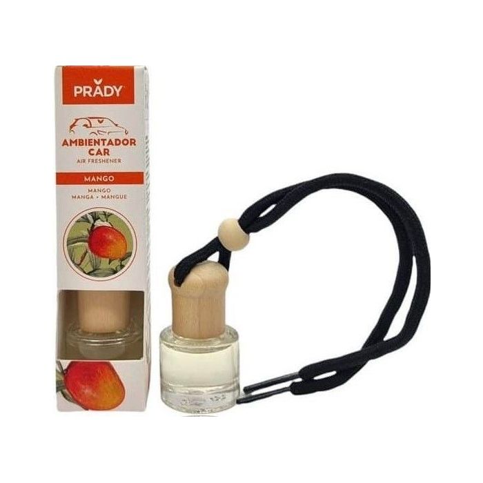 Prady Ambientador Coche Mango - Frasco de Cristal 6 ml y Cuerda para Espejo Retrovisor