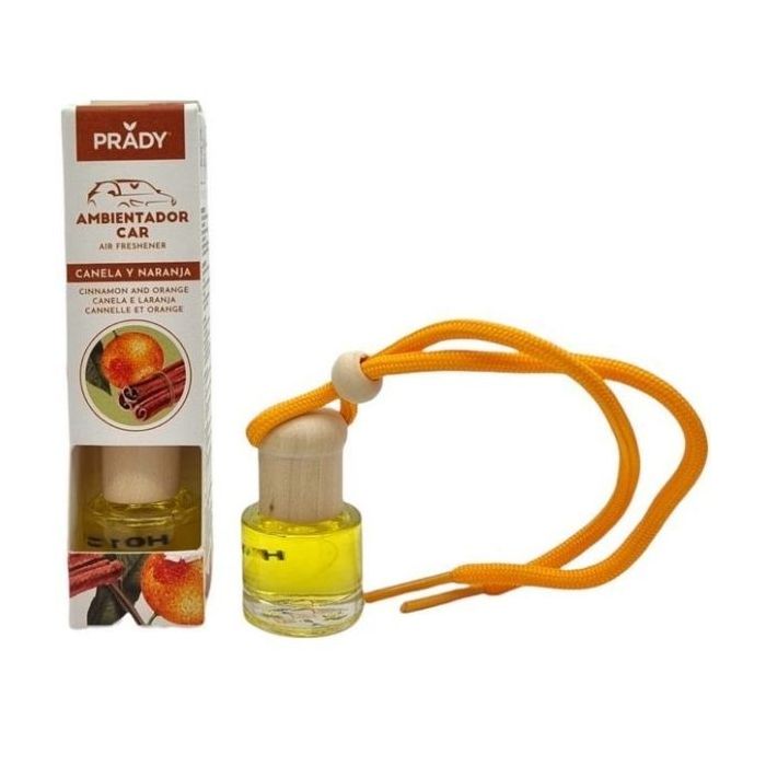 Prady Ambientador Coche Canela y Naranja - Frasco de Cristal 6 ml y Cuerda para Espejo Retrovisor