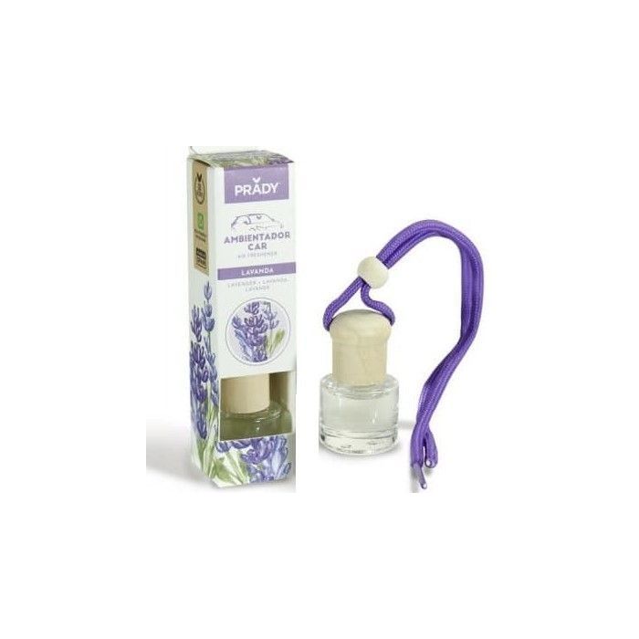 Prady Ambientador Coche Lavanda - Frasco de Cristal 6 ml y Cuerda para Espejo Retrovisor