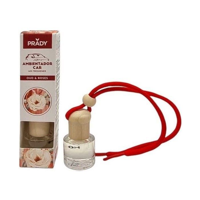 Prady Ambientador Coche OUD - Rose - Frasco de Cristal 6 ml y Cuerda para Espejo Retrovisor