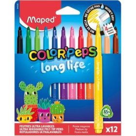Maped Color`Peps Longlife Pack de 12 Rotuladores con Punta Media Bloqueada 3.7mm - Tinta Lavable - Colores Surtidos