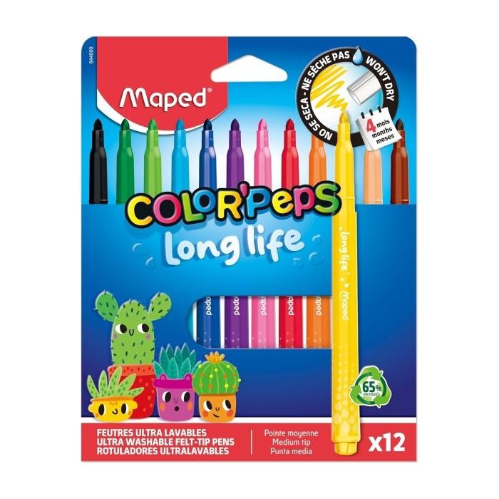 Maped Color`Peps Longlife Pack de 12 Rotuladores con Punta Media Bloqueada 3.7mm - Tinta Lavable - Colores Surtidos