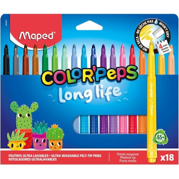 Maped Color`Peps Longlife Pack de 18 Rotuladores con Punta Media Bloqueada 3.7mm - Tinta Lavable - Colores Surtidos