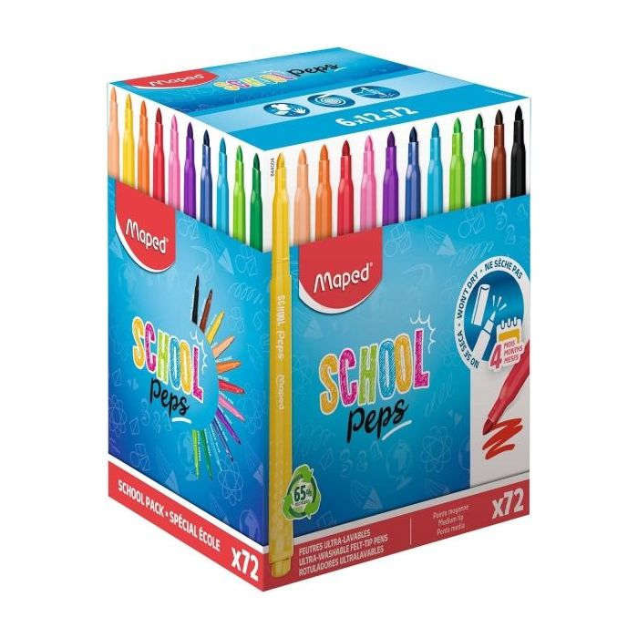 Maped Color`Peps Longlife School Pack de 72 Rotuladores con Punta Media Bloqueada 3.7mm - Tinta Lavable - Colores Surtidos