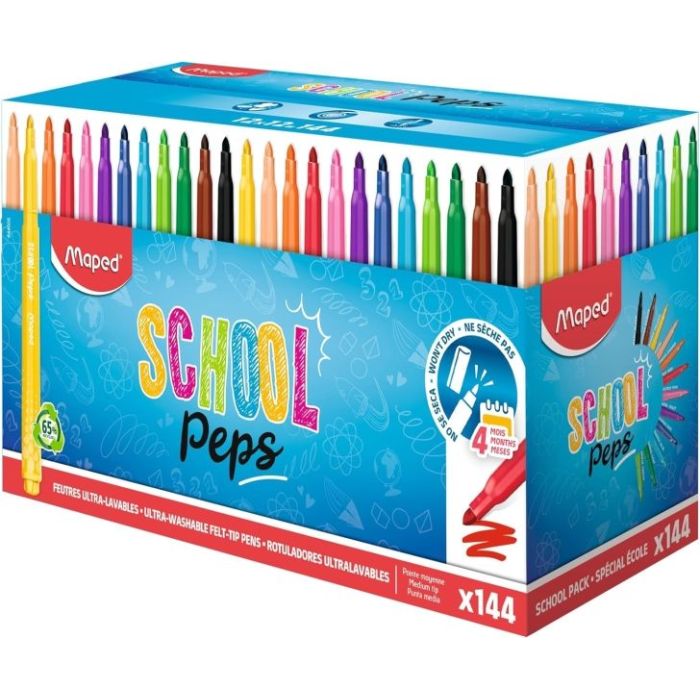 Maped Color`Peps Longlife School Pack de 144 Rotuladores con Punta Media Bloqueada 3.7mm - Tinta Lavable - Colores Surtidos