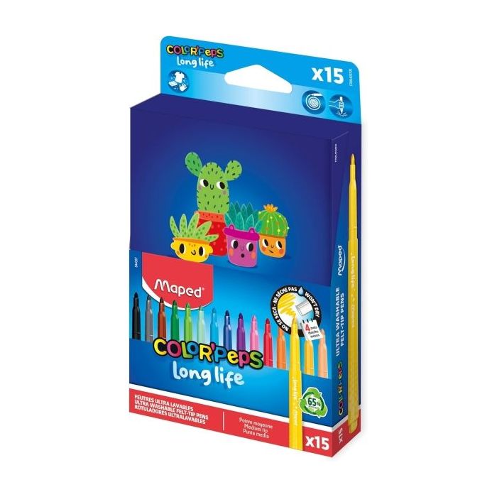 Maped Color`Peps Longlife Pack de 15 Rotuladores con Punta Media Bloqueada 3.7mm - Tinta Lavable - Colores Surtidos