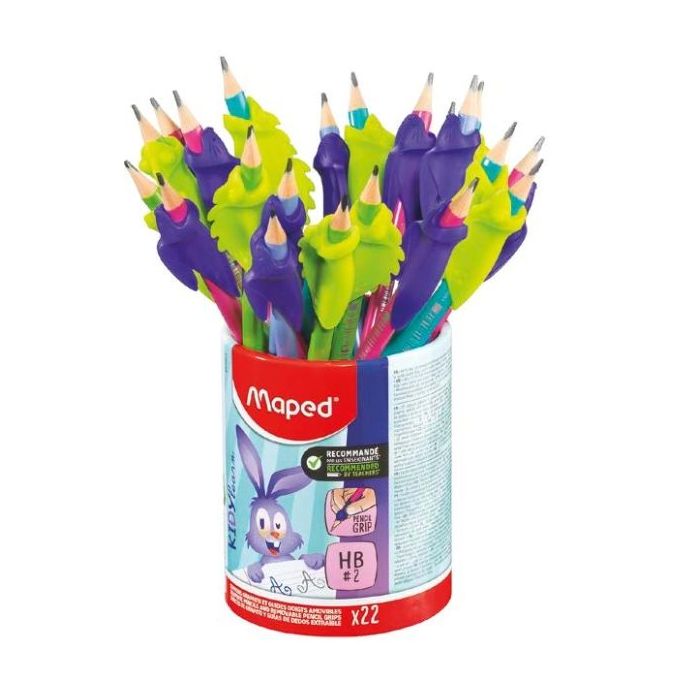 Maped Kidy Lern Bote con 22 Lapices de Grafito 2HB + Guias para Dedos - 2 Modelos Camaleon y Conejo - Apta para la Mayoria de La