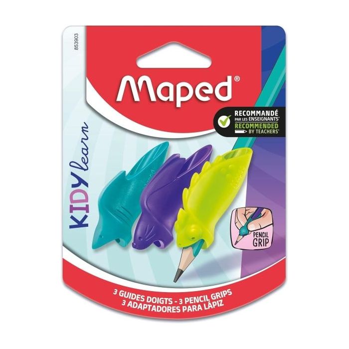 Maped Kidy Lern Pack de 3 Guias de Lapiz para Dedos - 3 Modelos Tiburon, Camaleon y Conejo - Apta para la Mayoria de Lapices - P