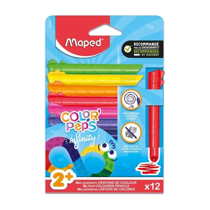 Maped Color`Peps Infinity Jumbo Pack de 12 Lapices de Colores de Larga Duracion - Hecho Totalmente de Mina - Colores Surtidos